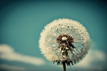 Wall Mural - dandelion against blue sky with fluffy clouds, created with generative ai