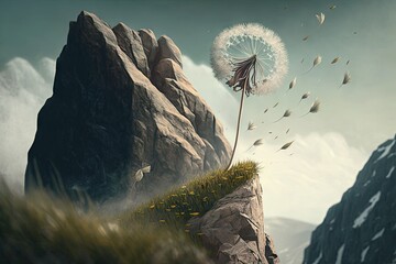 Canvas Print - dandelion with seeds blowing in the wind on a mountain cliff, created with generative ai