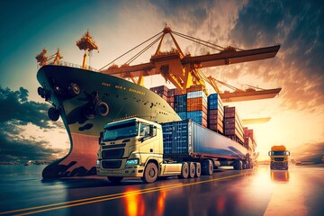 Wall Mural - Truck loads goods on ship at port berth, global business logistics, created with generative ai