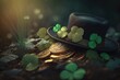 St Patrick's day hat with clover leaves and gold coins, lucky background illustration Generative AI