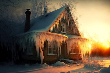 Sticker - Roof and windows with icicle on house during frosty winter day, created with generative ai