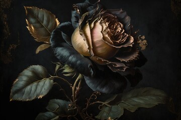 Wall Mural - Vintage Classic painting  black rose bouquet on dark background.Generative AI.