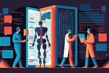 Poster - data mining for medical research, with doctors and researchers finding new ways to diagnose and treat diseases, created with generative ai