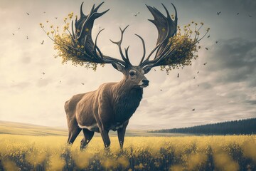 Poster - majestic buck standing in field of dandelions, its antlers reaching for the sky, created with generative ai