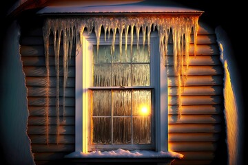 Sticker - Transparent shiny icicle on house covering frozen house window, created with generative ai