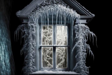 Sticker - Window outside decorated with snow patterns and icicle on house, created with generative ai