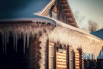 Sticker - Snow-covered house and huge white icicle on house on edge of roof, created with generative ai