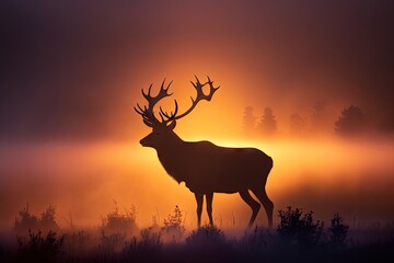 Poster - majestic deer silhouetted against the sunrise, with misty morning fog on the horizon, created with generative ai