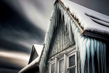 Sticker - Framed by white icicle on house roof of country house, created with generative ai