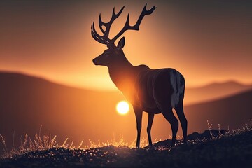 Poster - majestic buck, with head turned and ears pricked, staring at the sun rising over the horizon, created with generative ai