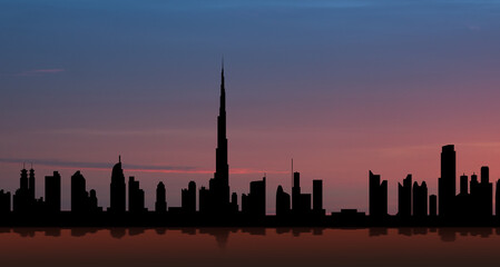 Wall Mural - United Arab Emirates, Dubai skyline view at sunset. UAE celebration.