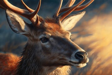 Poster - close-up of deer's head, with its peaceful and serene gaze directed at the sun, created with generative ai