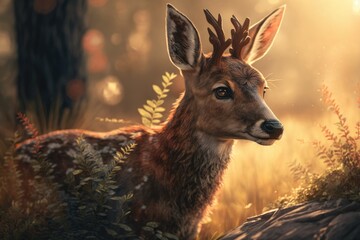 Sticker - a deer bathed in the warm light of the spring sun, with green foliage in the background, created with generative ai