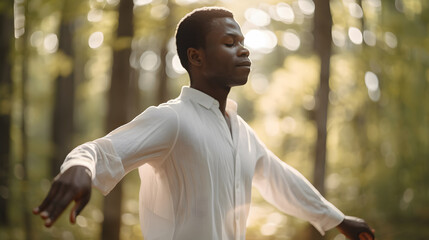 African american man performing taichi in the forest