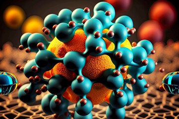 Sticker - Orange-green model depicting chemical structure of molecule closeup, created with generative ai