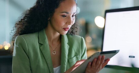 Poster - Tablet, typing and search with black woman in office at night for project, deadline and idea. Technology, task and digital with employee browsing online for overtime, proposal and empowerment