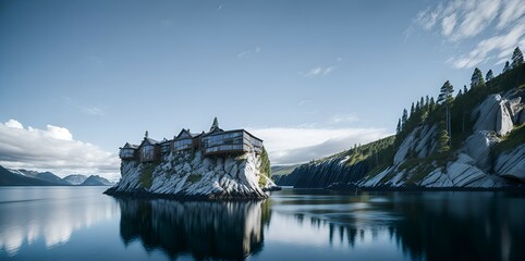 photo of a stunning architecture standing on a peaceful body of water