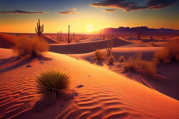 Canvas Print - desert landscape with cactus and sand dunes, with the sunset in the background, created with generative ai