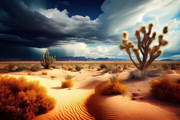 Canvas Print - desert landscape with cactus and sand dunes, surrounded by dramatic sky, created with generative ai