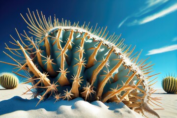 Canvas Print - close-up of cactus with blades of sand dunes and blue sky in the background, created with generative ai