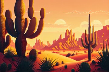 Poster - desert landscape with cactus and sand dunes, in the sunset light, created with generative ai