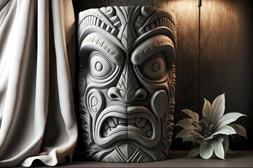 Wall Mural - Traditional African tiki mask made of stone in museum, created with generative ai