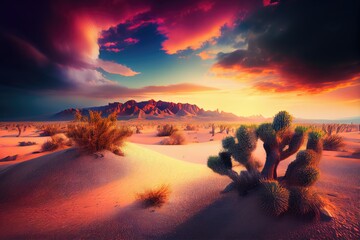 Canvas Print - desert landscape with cactus and sand dunes at sunrise, with dramatic sky and colors, created with generative ai