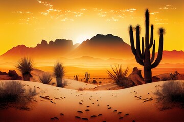 Poster - desert landscape with cactus and sand dunes, sunrise or sunset, created with generative ai