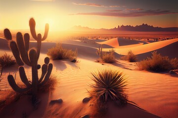 Canvas Print - desert landscape with cactus and sand dunes, sunrise in the background, created with generative ai