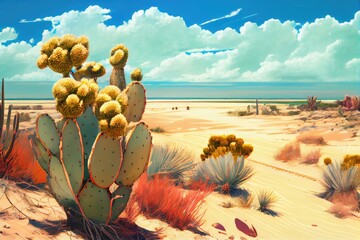 Poster - sizzling summer day, with cactus and sand dunes in the background, created with generative ai