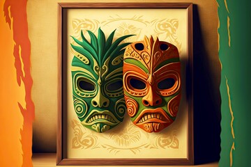 Wall Mural - Two disgruntled faces ethnic tiki mask on light background, created with generative ai