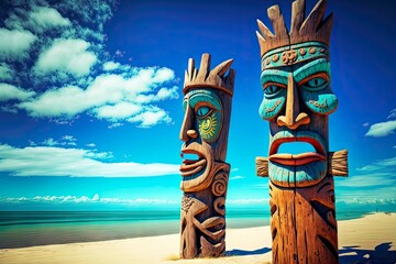 Wall Mural - Wooden totem tiki mask on islands on beach against backdrop of sea, created with generative ai