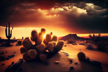 Poster - desert with cactus and sand dunes, surrounded by dramatic sunset sky, created with generative ai