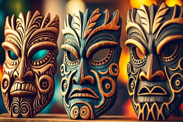 Wall Mural - Ancient wooden tribal tiki mask on table, created with generative ai