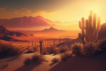 Wall Mural - sunrise over desert landscape with cacti and dunes, with view to distant mountains, created with generative ai