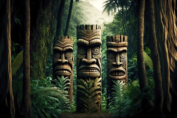Wall Mural - Ethnic wooden idols totems of Indians tiki mask in forest, created with generative ai