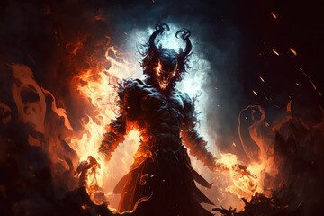 Poster - devil, surrounded by flames and smoke, casting judgment on the damned, created with generative ai