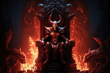 Sticker - devil, sitting on throne of hell, with view of flames and tortured souls, created with generative ai