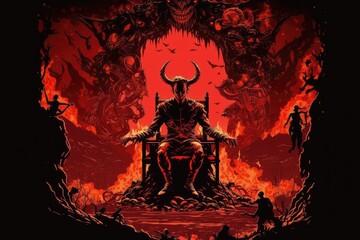 Wall Mural - devil, sitting on throne of hell, looking over its chaotic and fiery domain, created with generative ai