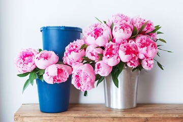 Sticker - Delicate pink bouquets of peonies in vases on wooden table, created with generative ai