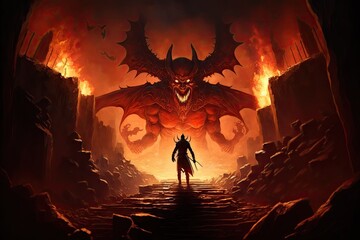 Wall Mural - devil, with view of fiery hellscape, tormenting souls in the depths of hell, created with generative ai