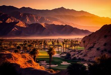 Beautiful Golden Light Over Indian Wells Golf Resort, A Desert Golf Course In Palm Springs, California, USA With View Of The San Bernardino Mountains. Generative AI