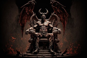 Canvas Print - devil, sitting on throne in hell, with view of endless tortured souls, created with generative ai