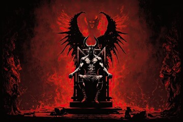 Wall Mural - devil, sitting on throne in hell, with view of endless tortured souls, created with generative ai