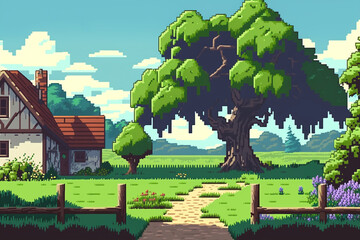 Pixel art game background with a farm house in a rural landscape. Generative AI.