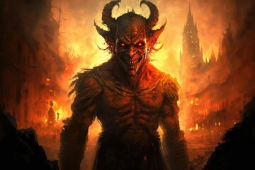 Poster - devil, with view of fiery inferno, preparing for another day of torturing the souls in hell, created with generative ai