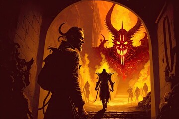 Wall Mural - sins being purged in hellfire, with devil watching and waiting, created with generative ai