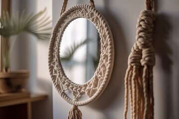 Poster - Macrame mirror on white wall. Eco style. Nature. Soft focus. Closeup. Decorate with cotton rope macrame. Generative AI