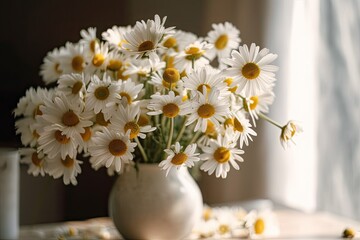 Wall Mural - Daisy blooms in sunlight on white backdrop. Simple summer decor. Modern ceramic vase with daisies in bohemian decor. Summer wallpaper. Generative AI