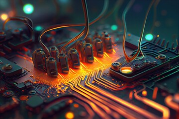 Poster - close-up of a circuit board with wires and chips that are starting to melt, causing sparks and glitches in the circuitry., created with generative ai